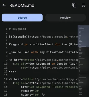 A Markdown attachment opened in-app, with Source and Preview tabs