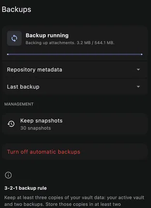 The backup screen — a snapshot in progress, repository metadata, and snapshot retention.