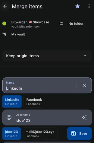 Merging two duplicate logins into one, choosing which field values to keep.