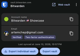 An account's export options — export individual items or the entire vault.