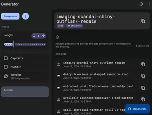Generating a passphrase from the EFF long wordlist, with word count and separator controls.