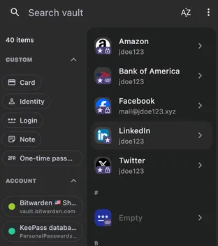 Two accounts — a Bitwarden vault and a KeePass file — connected together and filterable from the vault list.