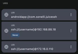 An item's URIs built with a placeholder token that expands to the username when the item is launched.