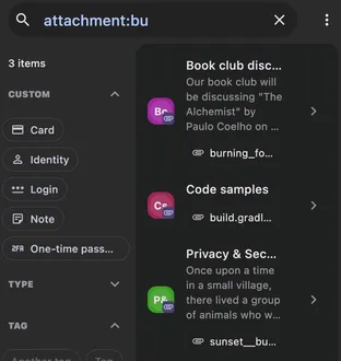 The attachment: qualifier narrows results to items with a matching file, alongside the type and tag filters.