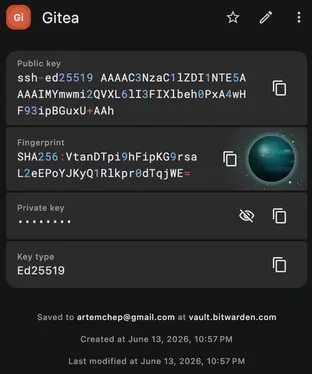 A vault item holding an Ed25519 SSH key — public key, fingerprint, and protected private key.