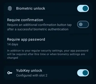Settings where the user selects which unlock methods are enabled for the vault.
