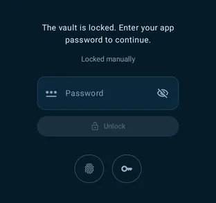 The vault unlock screen offering a password field alongside a biometric prompt and a YubiKey option.