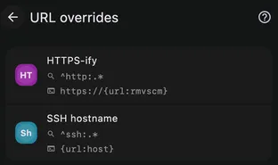 The URL overrides screen — an HTTPS-ify rule and an SSH hostname launcher.