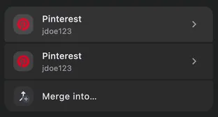 Duplicate logins flagged by Watchtower, with the Merge into… action ready.