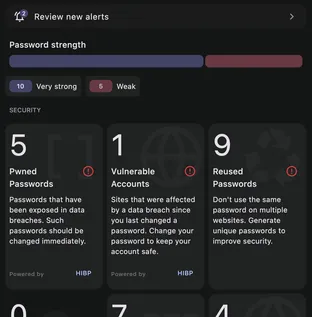 The Watchtower overview — a password-strength summary and security issues grouped by category with counts.