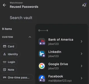 The reused-passwords list, grouping the accounts that share the same credential.